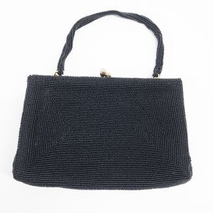 Vintage Purse Small Black Beaded Evening Bag Kiss Lock Gold tone Hardware
